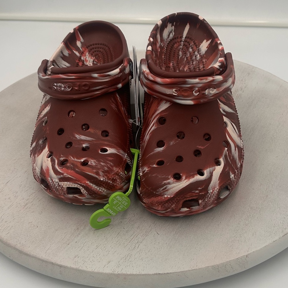 CROCS Red and White Swirl Clogs